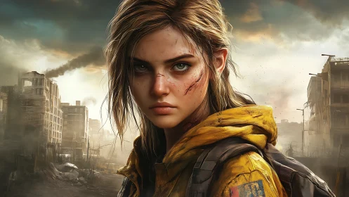 Defiant young survivor stands strong in a ruined cityscape