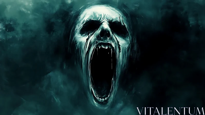 Apparitional skull emerges from void in high-contrast digital horror