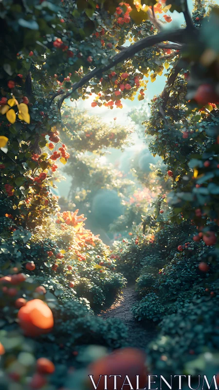 Sunlit garden path under dense fruit-laden foliage canopy.