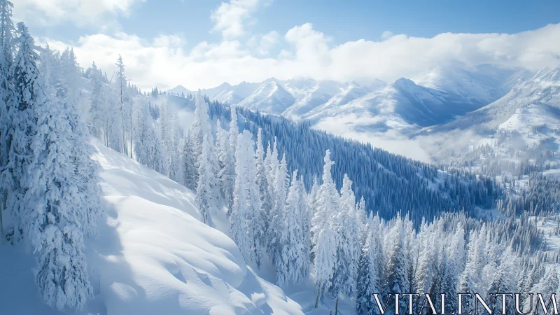 Snow-laden pines quietly conduct light across pale peaks