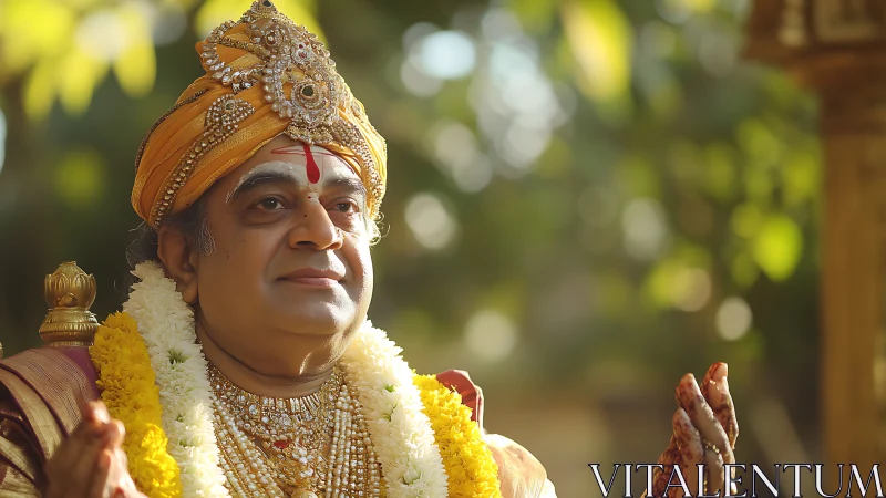 Elderly man in ornate traditional royal costume outdoors.