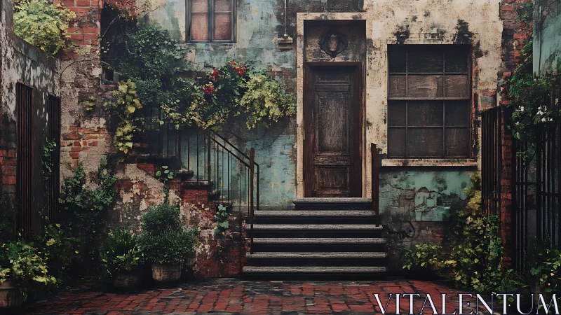 Weathered brick courtyard frames stairway and closed door