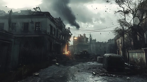 Post-conflict urban corridor under dynamic storm lighting.