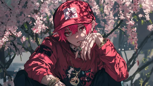 Brooding streetwear youth beneath blooming cherry trees.