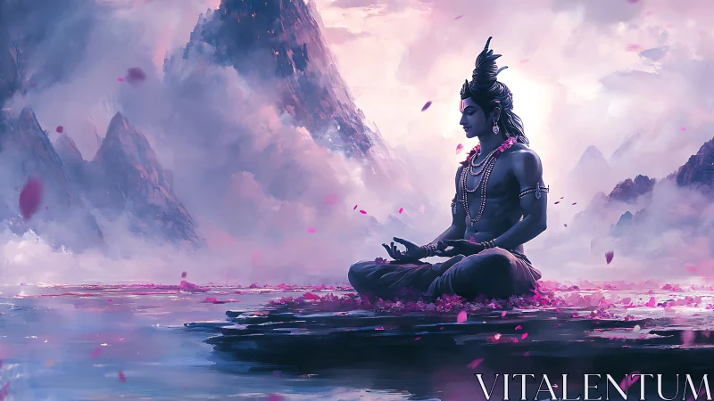 Meditating deity rendered in luminous Himalayan digital palette