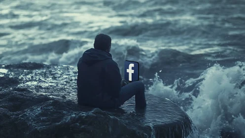 Solitary user on rocky shore with glowing Facebook screen.