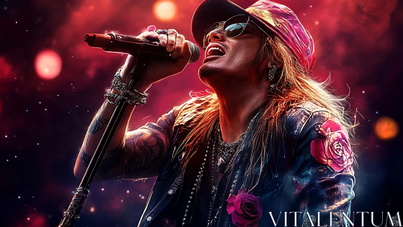 Rock singer leans into microphone under vivid stage lighting