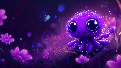 Bioluminescent chibi octopus rendered in neon purple bokeh field