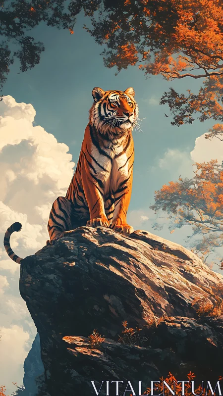 Sunlit tiger crowns a cliff beneath autumn-burnished sky