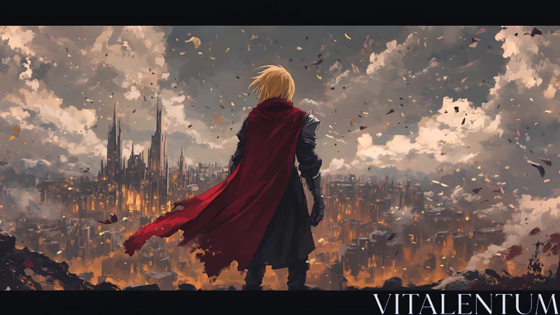 Armored figure observing burning cityscape from ridge.