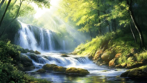 Luminous Forest Waterfall Cascade Through Green Woodland.