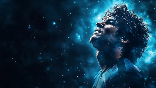 Storm-lit football dreamer bathed in electric blue night.