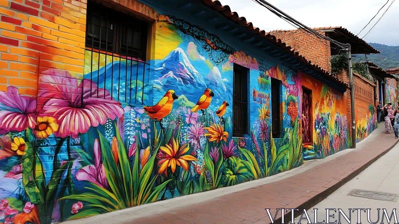 Vibrant Latin street mural with tropical flora and birds.