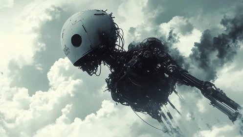 Autonomous skeletal robot drifting within overcast skyfield.
