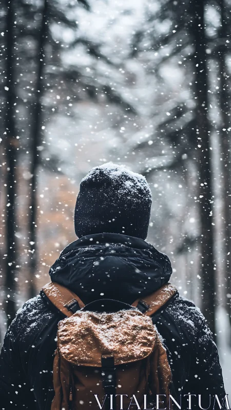 Solitary hiker in snowfall framed by soft-focus winter forest.