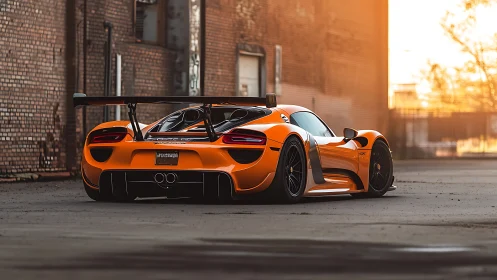 Orange hypercar dominates deserted industrial alleyway sunset.