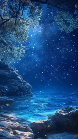 Starlit blue shoreline under luminous night sky panorama.