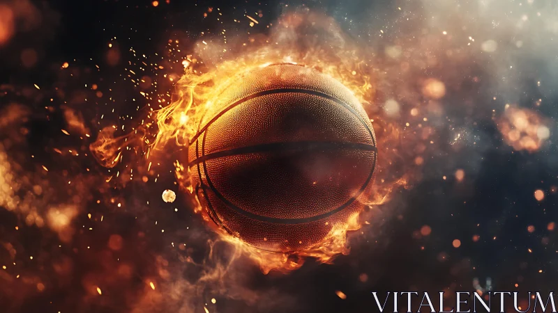Photorealistic flaming basketball in dynamic cinematic composition.
