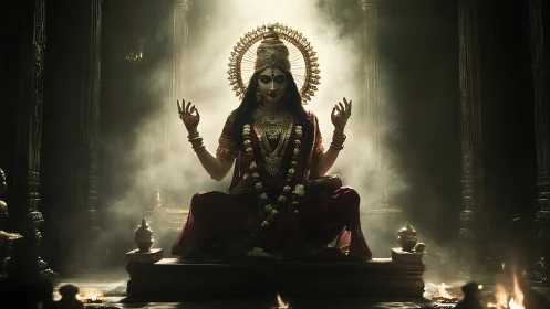 Hindu goddess statue seated in ornate temple interior.