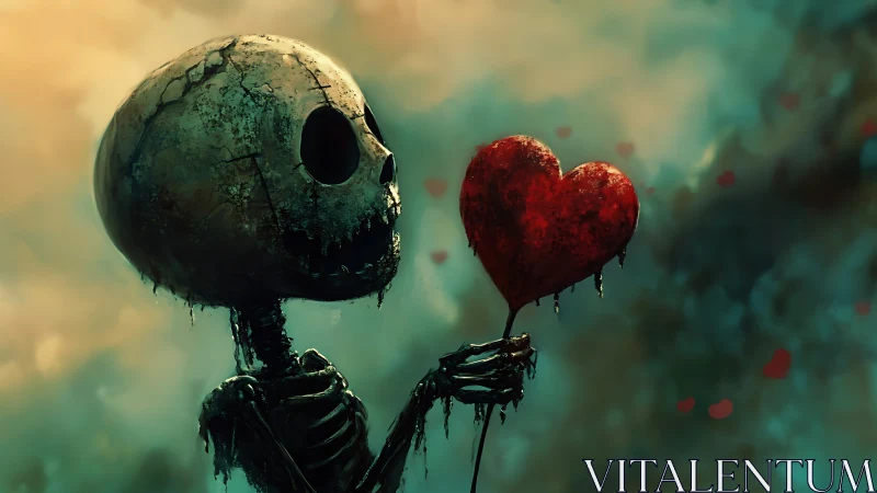 Skeleton holding a bleeding red heart in misty sky scene.