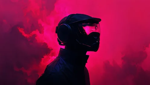 Futuristic rider silhouette glows in neon magenta haze.