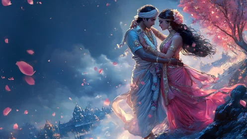 Ornate figures in cloud landscape with floating petals.