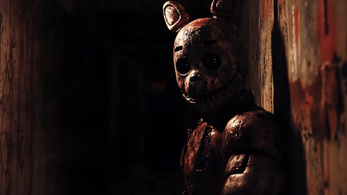 Rusty animatronic bear stands in dark, narrow corridor