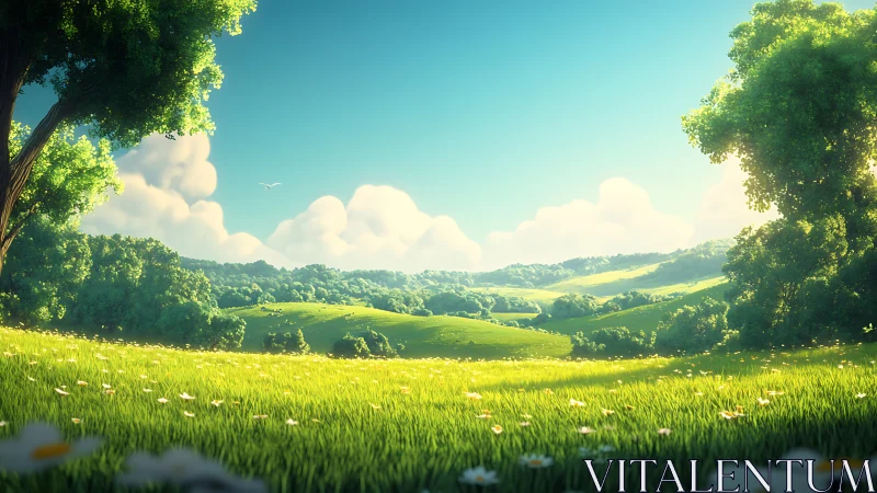 Sunlit valley meadow rendered in high-fidelity digital painting