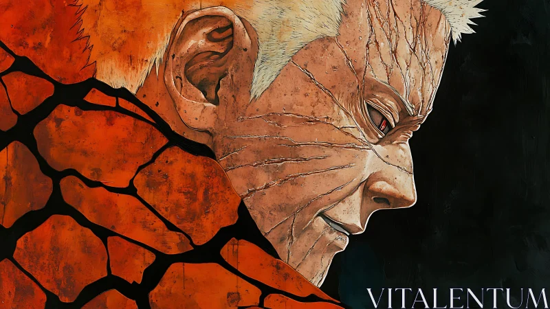 Scarred anime warrior in cracked orange armor profile.