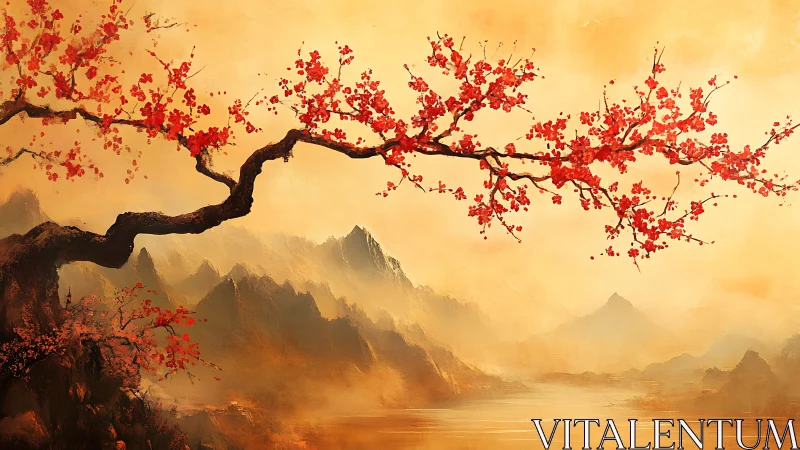 Cherry blossom branch above misty mountain landscape.