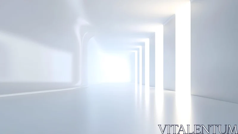 Minimalist white corridor with glowing doorways in modern style.