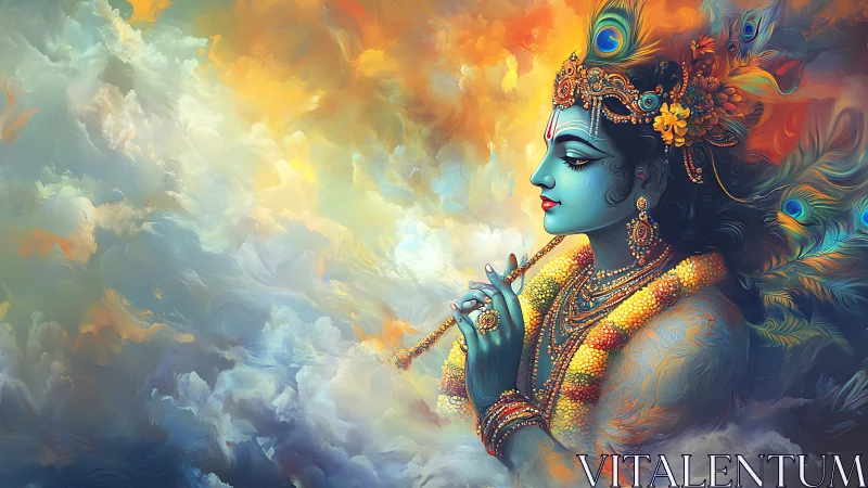 Divine blue deity with flute amid swirling celestial clouds.