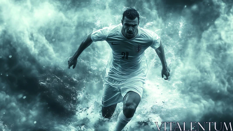 Dynamic soccer forward sprinting through teal particle storm.