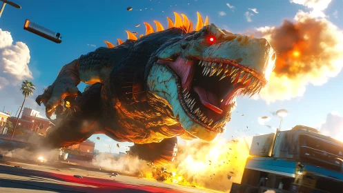 Giant reptilian creature advances through a sunlit city street