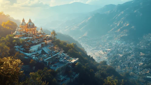 Hilltop temple complex overlooks dense valley city below