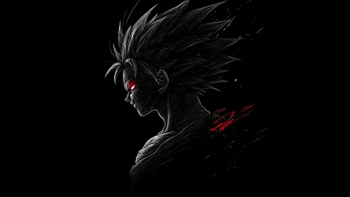 Side-profile line art depicts spiky-haired figure in shadow