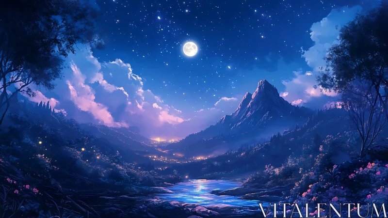 Moonlit mountain valley with glowing river and stars.