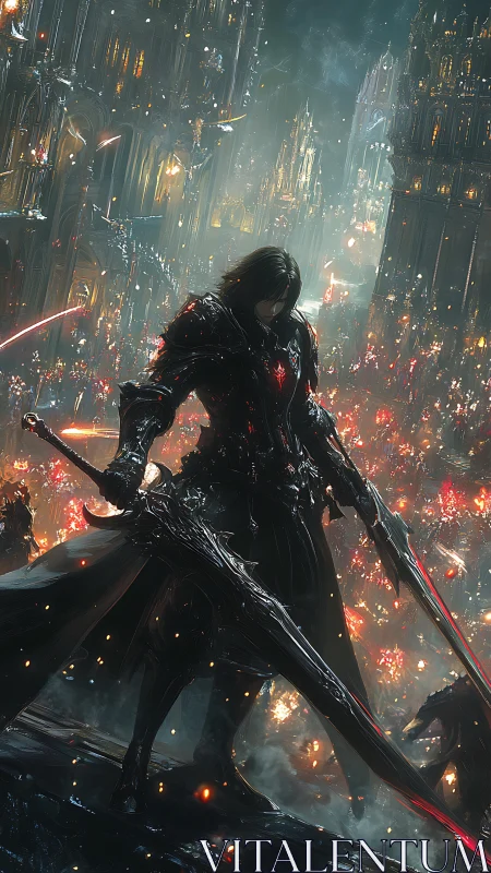 Dark knight overlooking burning gothic megacity ruins.