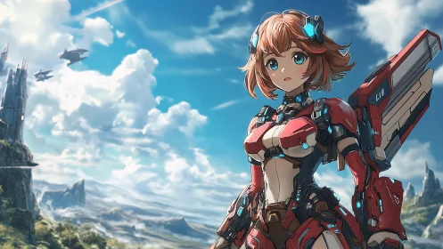 Armored anime pilot in red exosuit on futuristic cliff world