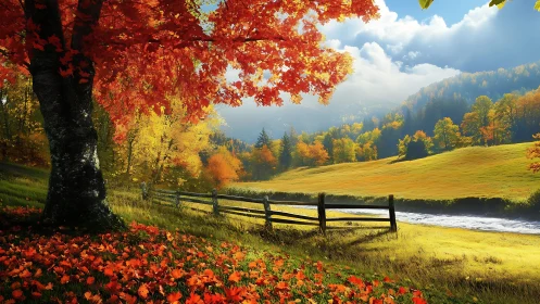 Photorealistic autumn pasture with maple foreground framing.