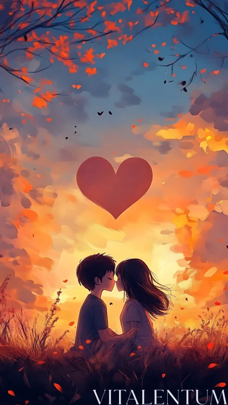 Silhouetted Couple Beneath Luminous Heart with Autumnal Foliage Overlay