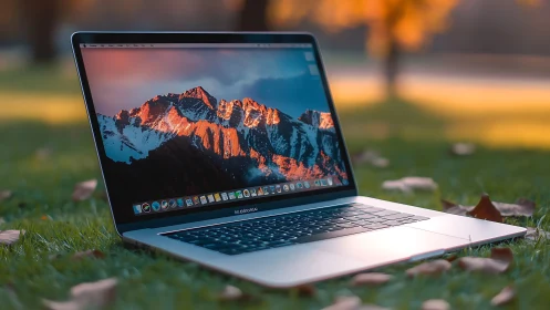 Laptop computer rests on grass with landscape screen image