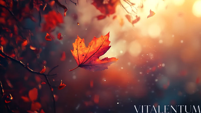 Single red maple leaf suspended in warm autumn light.