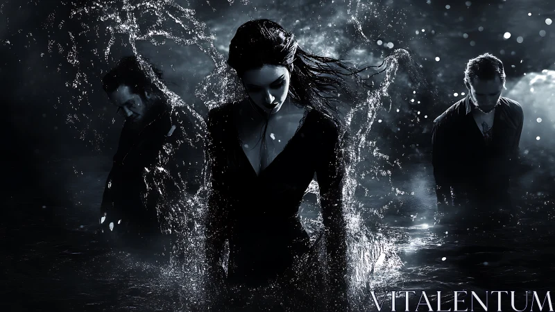 Three somber figures stand in dark water with splashing arcs