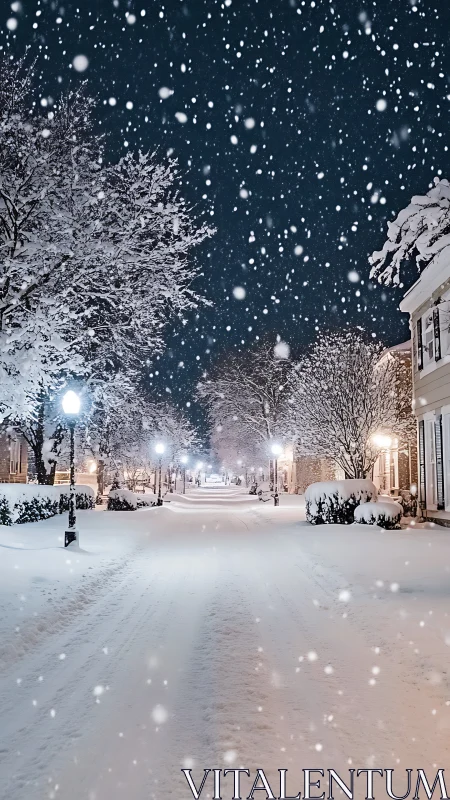 Snowy night street glows softly under falling winter flakes