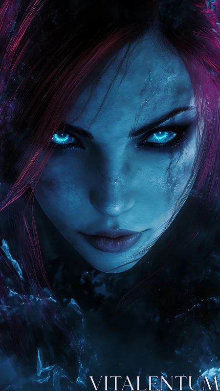 Iceborn sorceress with neon gaze in stormlit darkness.