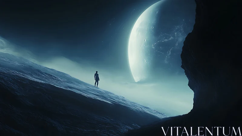 Lone explorer gazes toward a colossal moon in icy silence