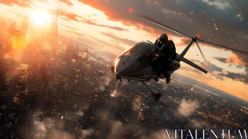 Dusk-slashed skyline hunted by a stealthy urban gyrocopter.