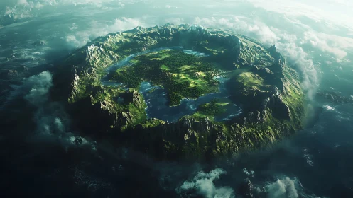 Alpine Valley Aerial View with Mountains and Clouds.