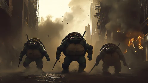 Mutant turtle warriors advancing through ruined city street.